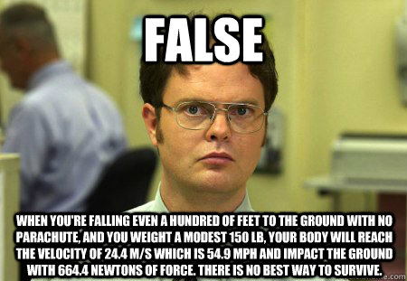 FALSE When you're falling even a hundred of feet to the ground with no parachute, and you weight a modest 150 lb, your body will reach the velocity of 24.4 m/s which is 54.9 mph and impact the ground with 664.4 newtons of force. There is no best way to su - FALSE When you're falling even a hundred of feet to the ground with no parachute, and you weight a modest 150 lb, your body will reach the velocity of 24.4 m/s which is 54.9 mph and impact the ground with 664.4 newtons of force. There is no best way to su  FALSE SCREAMO