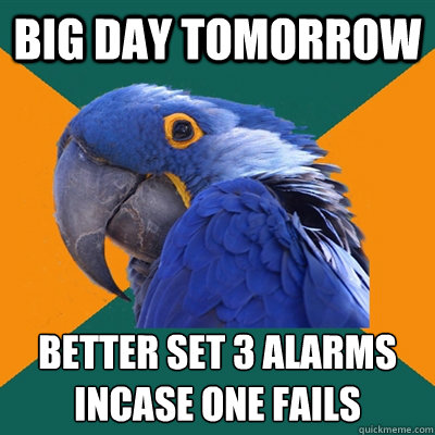 Big day tomorrow Better set 3 alarms
incase one fails  Paranoid Parrot