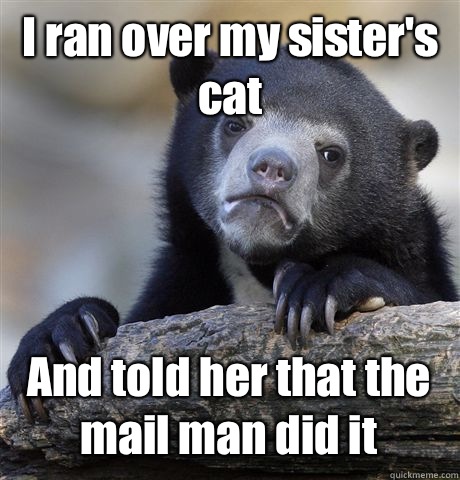 I ran over my sister's cat And told her that the mail man did it - I ran over my sister's cat And told her that the mail man did it  Confession Bear