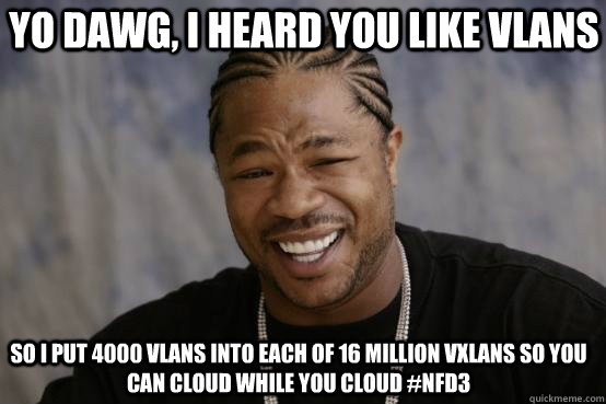 Yo dawg, I heard you like VLANs So I put 4000 VLANs into each of 16 Million VXLANs so you can cloud while you cloud #NFD3  YO DAWG
