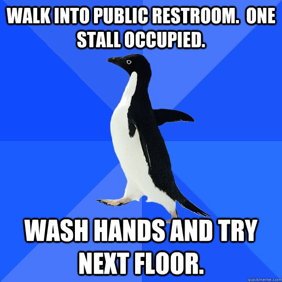 Walk into public restroom.  One stall occupied. Wash hands and try next floor.  Socially Awkward Penguin