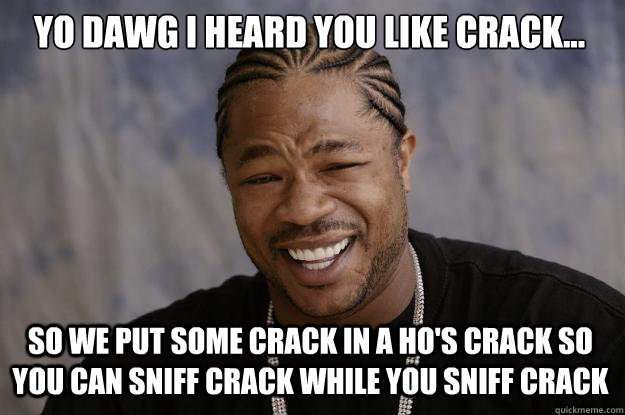 Yo dawg I Heard you like crack... so we put some crack in a ho's crack so you can sniff crack while you sniff crack  Xzibit meme