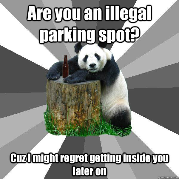 Are you an illegal parking spot?  Cuz I might regret getting inside you later on  Pickup-Line Panda