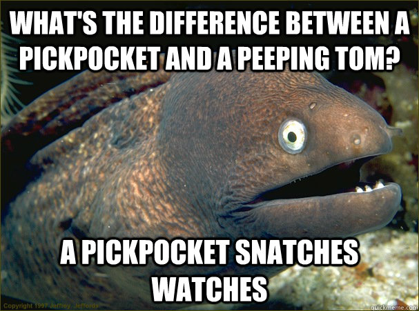 What's the difference between a pickpocket and a peeping tom?  A pickpocket snatches watches  Bad Joke Eel