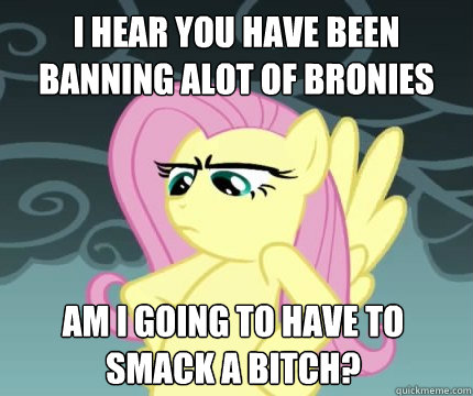 I hear you have been banning alot of bronies am i going to have to smack a bitch?  Angry Fluttershy