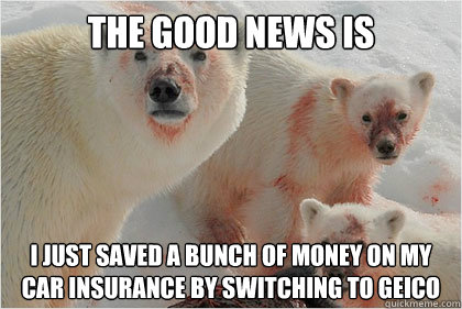 The good news is I just saved a bunch of money on my car insurance by switching to Geico  Bad News Bears