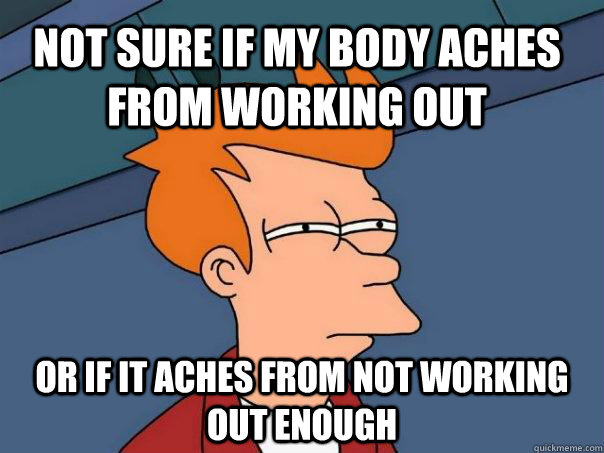Not sure if my body aches from working out  Or if it aches from not working out enough  Futurama Fry
