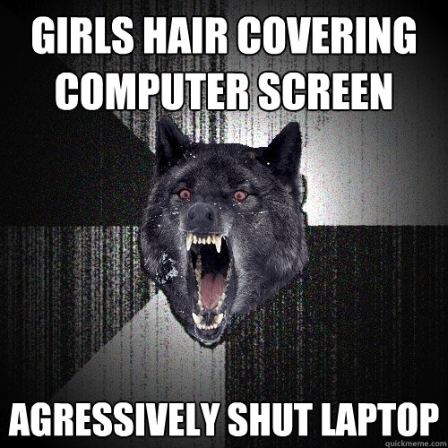girls hair covering computer screen Agressively shut laptop   Insanity Wolf