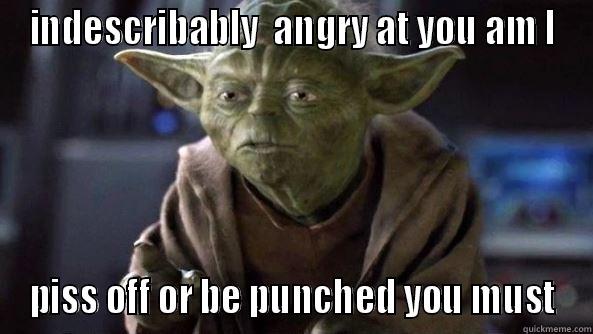 INDESCRIBABLY  ANGRY AT YOU AM I PISS OFF OR BE PUNCHED YOU MUST True dat, Yoda.