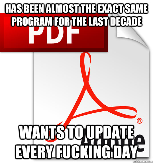 has been almost the exact same program for the last decade wants to update every fucking day  Scumbag Adobe Reader