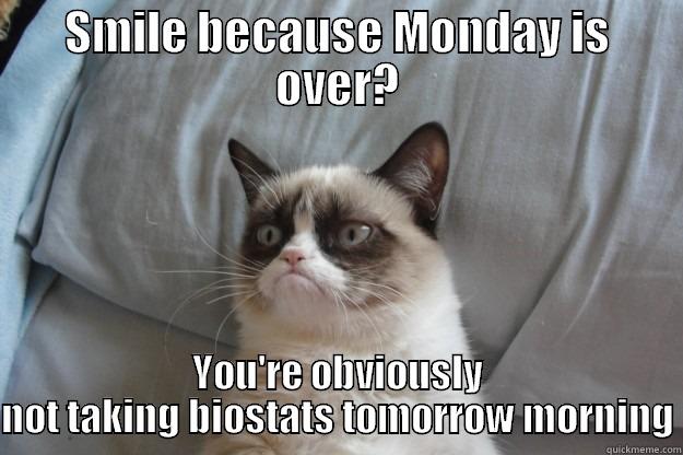 SMILE BECAUSE MONDAY IS OVER? YOU'RE OBVIOUSLY NOT TAKING BIOSTATS TOMORROW MORNING Grumpy Cat