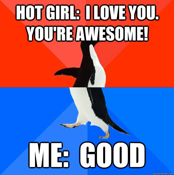 Hot girl:  I love you. You're awesome! Me:  good  Socially Awesome Awkward Penguin