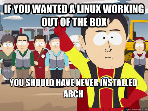 if you wanted a linux working out of the box you should have never installed arch  Captain Hindsight