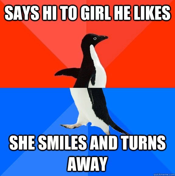 says hi to girl he likes She smiles and turns away  Socially Awesome Awkward Penguin