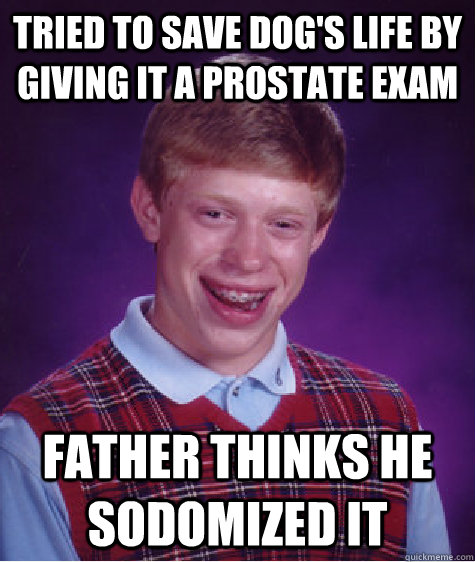 tried to save dog's life by giving it a prostate exam father thinks he sodomized it - tried to save dog's life by giving it a prostate exam father thinks he sodomized it  Bad Luck Brian