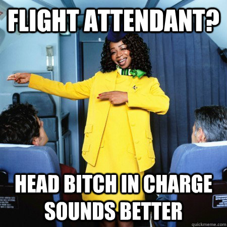 flight attendant? head bitch in charge sounds better  Ghetto Flight Attendant