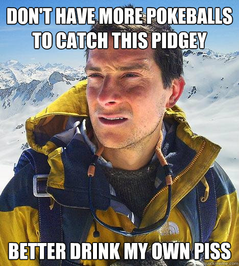 don't have more pokeballs to catch this pidgey better drink my own piss - don't have more pokeballs to catch this pidgey better drink my own piss  Bear Grylls