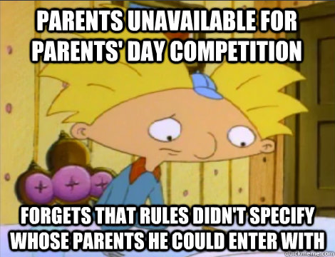 Parents unavailable for Parents' Day Competition Forgets that rules didn't specify whose parents he could Enter with  Hey Arnold Problems