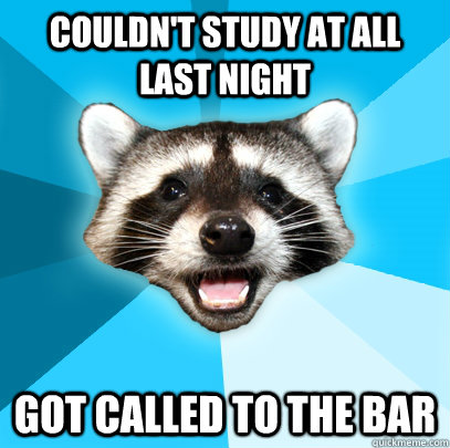 COULDN'T STUDY AT ALL LAST NIGHT GOT CALLED TO THE BAR  Lame Pun Coon