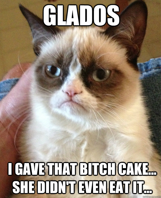 GLados I gave that bitch cake... she didn't even eat it...  Grumpy Cat