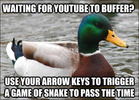 Waiting for YouTube to buffer? Use your arrow keys to trigger a game of Snake to pass the time  Actual Advice Mallard