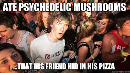 ate psychedelic mushrooms ...that his friend hid in his pizza  Sudden Clarity Clarence