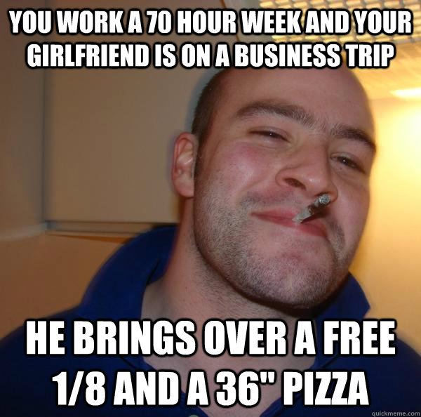 You work a 70 hour week and your girlfriend is on a business trip He brings over a free 1/8 and a 36
