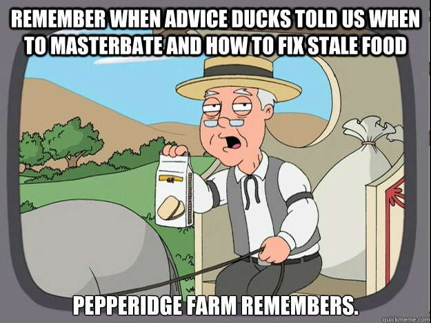 Remember when advice ducks told us when to masterbate and how to fix stale food  pepperidge Farm remembers.  Pepridge Farm