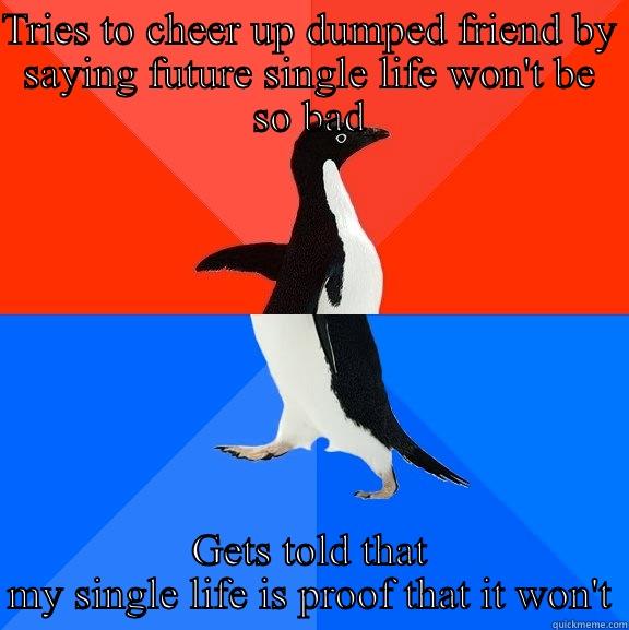 TRIES TO CHEER UP DUMPED FRIEND BY SAYING FUTURE SINGLE LIFE WON'T BE SO BAD GETS TOLD THAT MY SINGLE LIFE IS PROOF THAT IT WON'T Socially Awesome Awkward Penguin