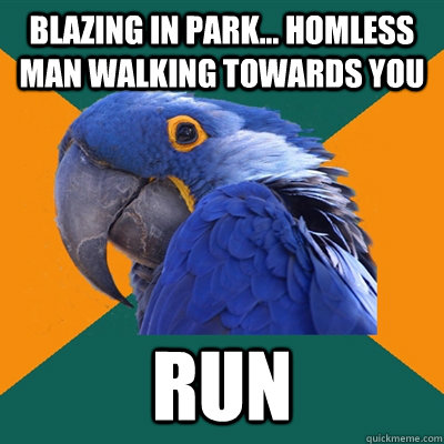 Blazing in park... homless man walking towards you RUN  Paranoid Parrot
