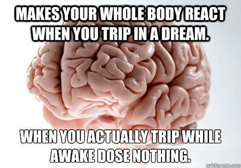 Makes your whole body react when you trip in a dream. when you actually trip while awake dose nothing.   Scumbag Brain