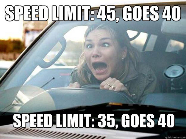 Speed Limit: 45, Goes 40 Speed Limit: 35, Goes 40  Mayhem Female Driver