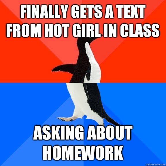 Finally gets a text from hot girl in class Asking about homework  Socially Awesome Awkward Penguin