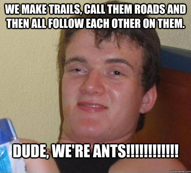 We make trails, call them roads and then all follow each other on them. DUDE, WE'RE ANTS!!!!!!!!!!!!   The High Guy