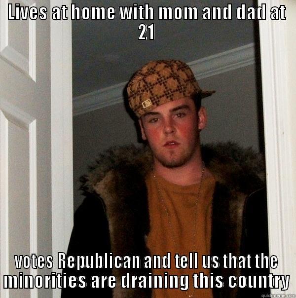 LIVES AT HOME WITH MOM AND DAD AT 21 VOTES REPUBLICAN AND TELL US THAT THE MINORITIES ARE DRAINING THIS COUNTRY Scumbag Steve