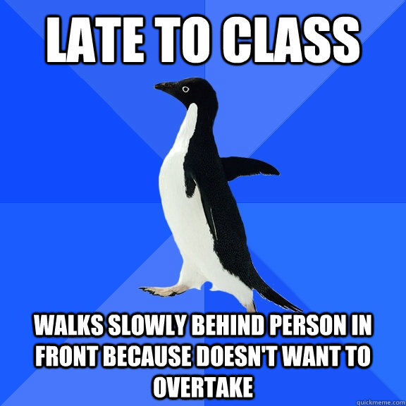 Late to class  walks slowly behind person in front because doesn't want to overtake  Socially Awkward Penguin