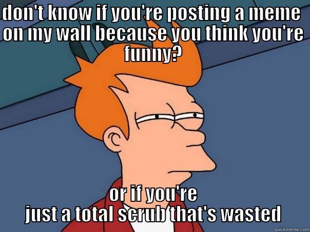 DON'T KNOW IF YOU'RE POSTING A MEME  ON MY WALL BECAUSE YOU THINK YOU'RE FUNNY? OR IF YOU'RE JUST A TOTAL SCRUB THAT'S WASTED Futurama Fry