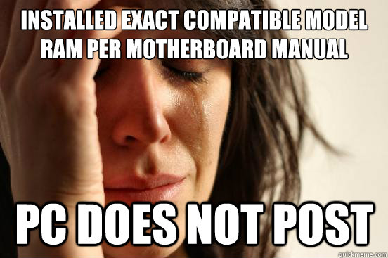 Installed exact compatible model RAM per motherboard manual PC does not post  First World Problems