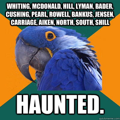 Whiting, McDonald, Hill, Lyman, Bader, Cushing, Pearl, Rowell, Bankus, Jensen, Carriage, Aiken, North, South, Shill Haunted.  Paranoid Parrot