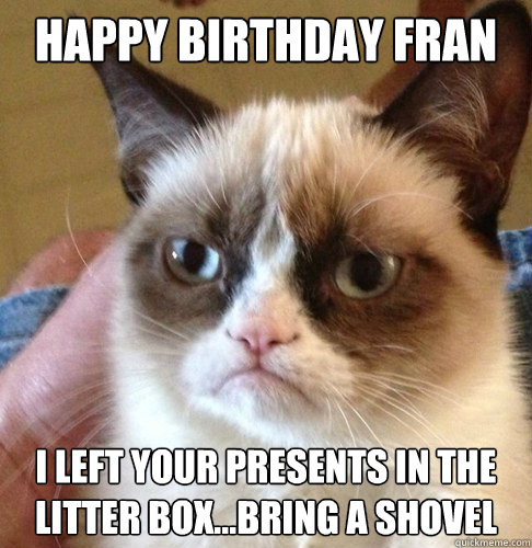 Happy birthday Fran I left your presents in the litter box...bring a shovel  Happy Birthday Angry Cat