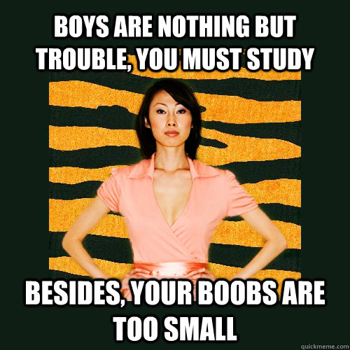 boys are nothing but trouble, you must study besides, your boobs are too small  Tiger Mom