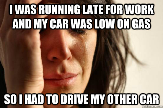I was running late for work and my car was low on gas So I had to drive my other car  First World Problems