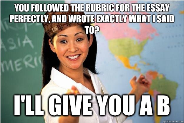 you followed the rubric for the essay perfectly, and wrote exactly what I said to? I'll give you a B  Scumbag Teacher