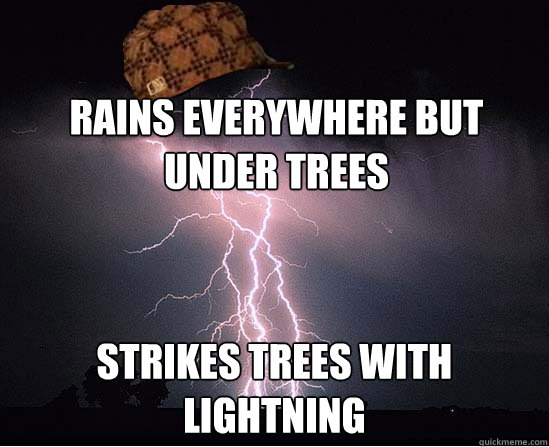 Rains everywhere but under trees strikes trees with lightning  