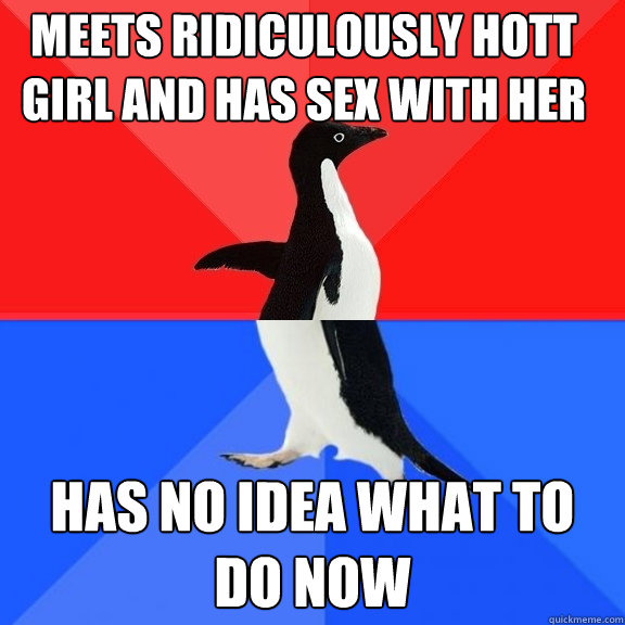Meets ridiculously hott girl and has sex with her Has no idea what to do now  Socially Awksome Penguin