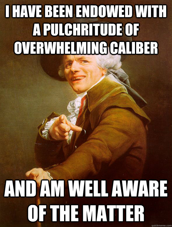 I have been endowed with a pulchritude of overwhelming caliber  and am well aware of the matter  Joseph Ducreux