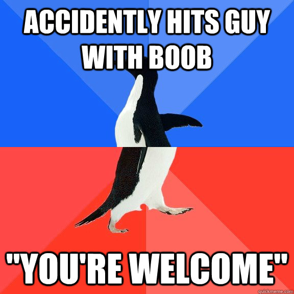 accidently hits guy with boob 