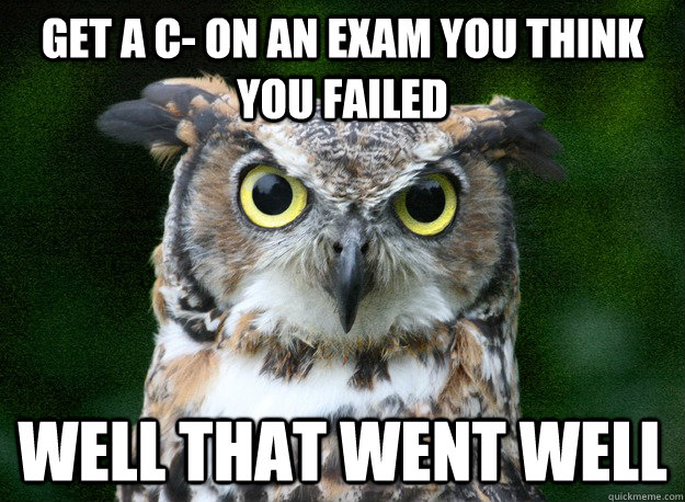 Get a C- On an exam you think you failed Well that went well  Ambiguously Sarcastic Owl