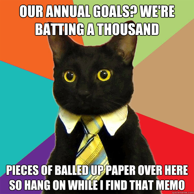 Our annual goals? We're batting a thousand pieces of balled up paper over here so hang on while I find that memo - Our annual goals? We're batting a thousand pieces of balled up paper over here so hang on while I find that memo  Business Cat