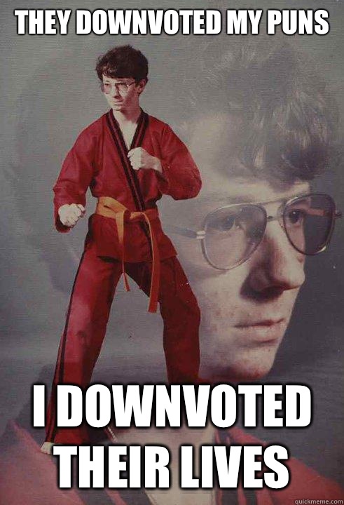 They downvoted my puns I downvoted their lives  Karate Kyle